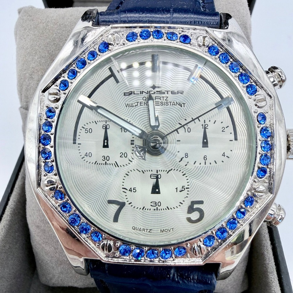 Blingster Crystal Bezel Mens Quartz Silver Steel Blue Leather Rhinestone Watch
